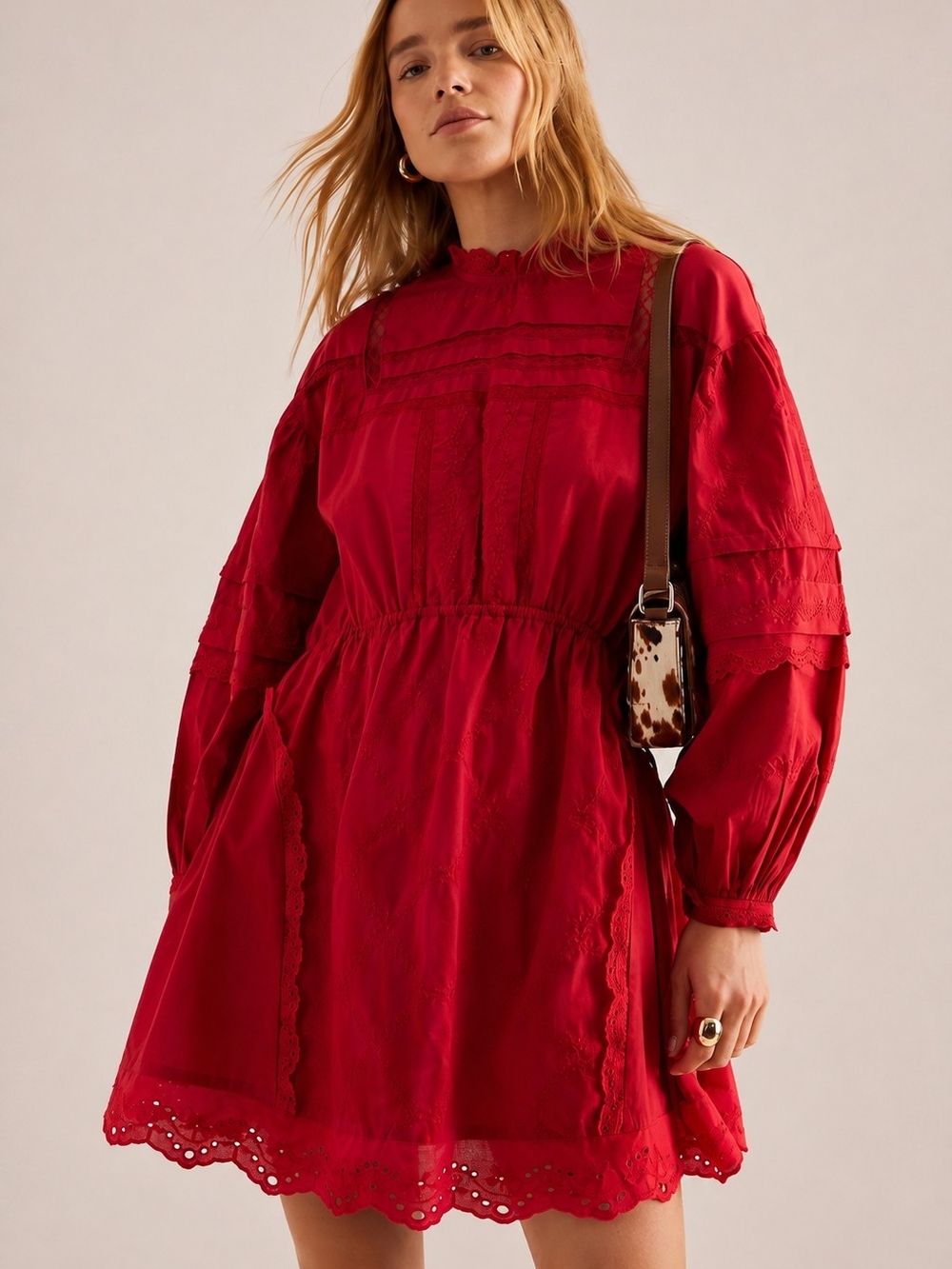 Damson Madder Red Clancy Embroidered Mini Dress Organic Cotton